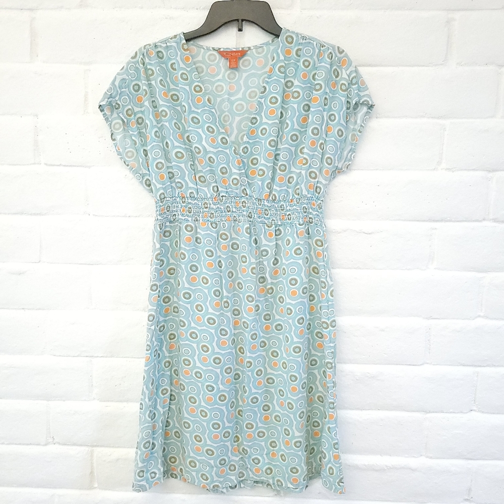 Tommy Bahama Women's Small Smocked Dress Blue Circle Print Cap Sleeve